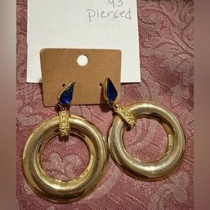 Gold Hoop Drop Earrings with Blue Teardrop Studs